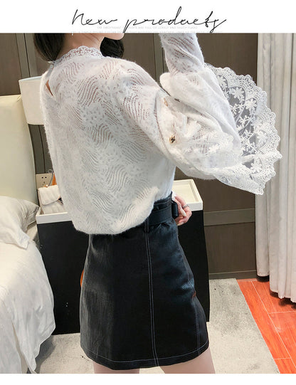 jinran New Crochet Lace Blouse Women  Chic Ruffle Lace Stitching Shawl Ladies Stand Collar Tops 2022 Spring Long Sleeve Slim Shirt13025