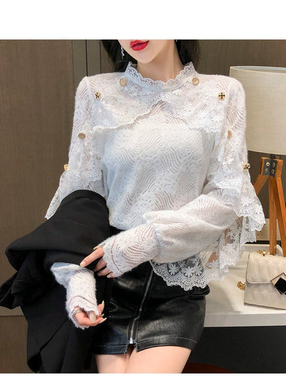 jinran New Crochet Lace Blouse Women  Chic Ruffle Lace Stitching Shawl Ladies Stand Collar Tops 2022 Spring Long Sleeve Slim Shirt13025