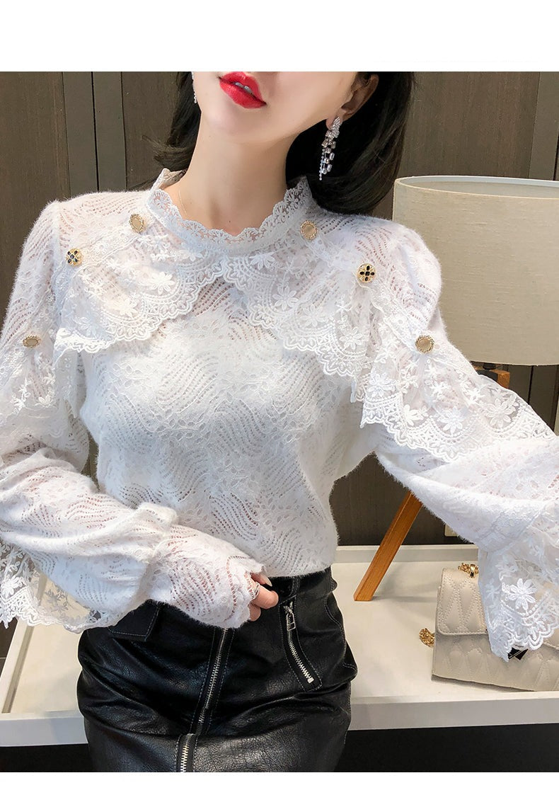 jinran New Crochet Lace Blouse Women  Chic Ruffle Lace Stitching Shawl Ladies Stand Collar Tops 2022 Spring Long Sleeve Slim Shirt13025