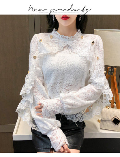 jinran New Crochet Lace Blouse Women  Chic Ruffle Lace Stitching Shawl Ladies Stand Collar Tops 2022 Spring Long Sleeve Slim Shirt13025