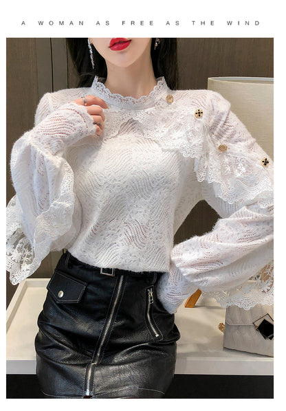 jinran New Crochet Lace Blouse Women  Chic Ruffle Lace Stitching Shawl Ladies Stand Collar Tops 2022 Spring Long Sleeve Slim Shirt13025