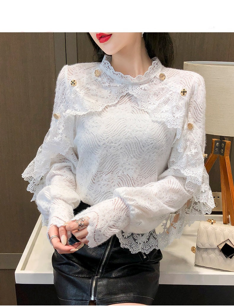 jinran New Crochet Lace Blouse Women  Chic Ruffle Lace Stitching Shawl Ladies Stand Collar Tops 2022 Spring Long Sleeve Slim Shirt13025