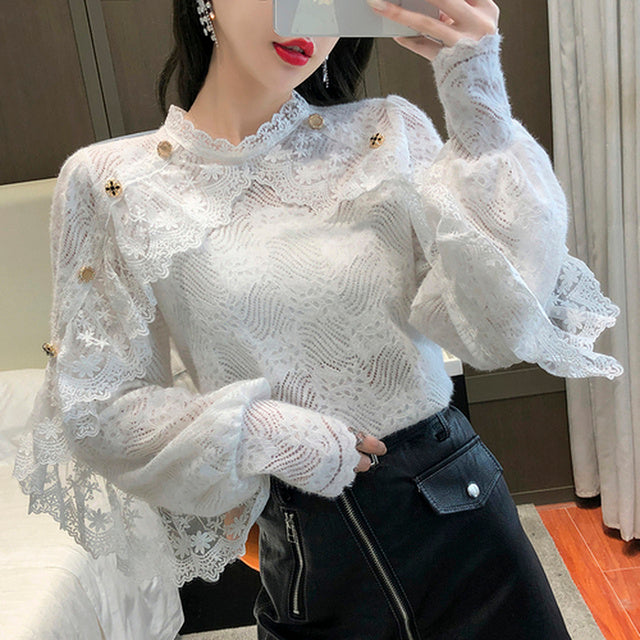 jinran New Crochet Lace Blouse Women  Chic Ruffle Lace Stitching Shawl Ladies Stand Collar Tops 2022 Spring Long Sleeve Slim Shirt13025