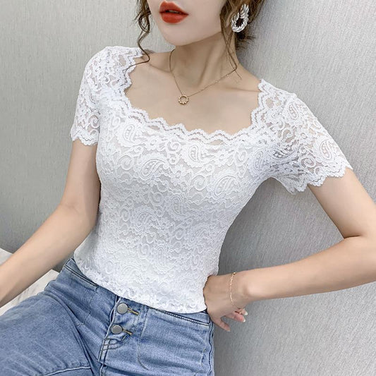 jinran Blouse Women Lace Top Women&#39;s Short-Sleeved Summer Square Collar Sexy Cutout Shirts Blusas Ropa De Mujer