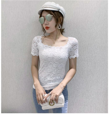 jinran Blouse Women Lace Top Women&#39;s Short-Sleeved Summer Square Collar Sexy Cutout Shirts Blusas Ropa De Mujer