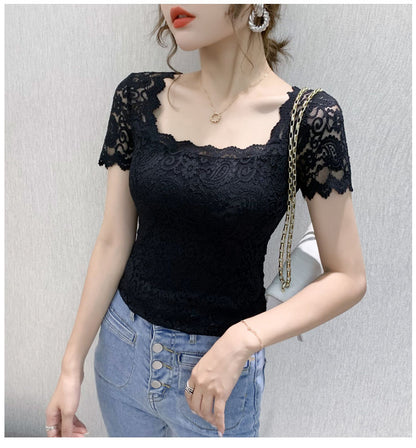 jinran Blouse Women Lace Top Women&#39;s Short-Sleeved Summer Square Collar Sexy Cutout Shirts Blusas Ropa De Mujer