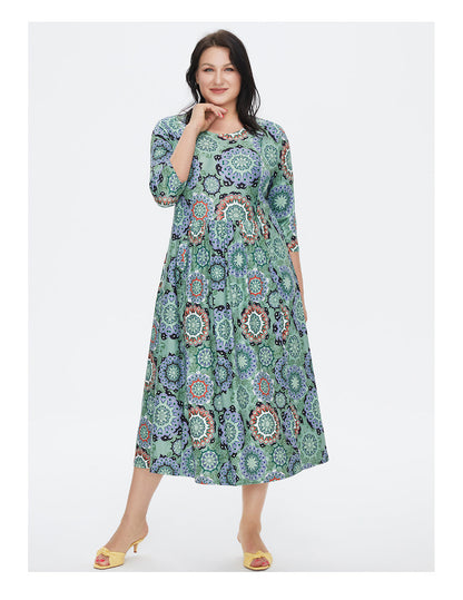 jinran Women&#39;s Summer Dress 2022 for Women Loose Boho Casual Plus size Beach Flower Print silk Long Green Dresses With necklace