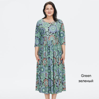 jinran Women&#39;s Summer Dress 2022 for Women Loose Boho Casual Plus size Beach Flower Print silk Long Green Dresses With necklace