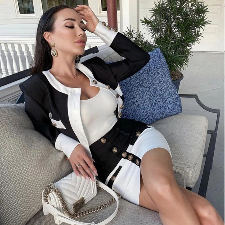 jinran 2022 New Aummer 2 Piece Suit Patchwork Black White O-Neck Long Sleeve Pocket Button Button Mini Hip Skirt Female Set