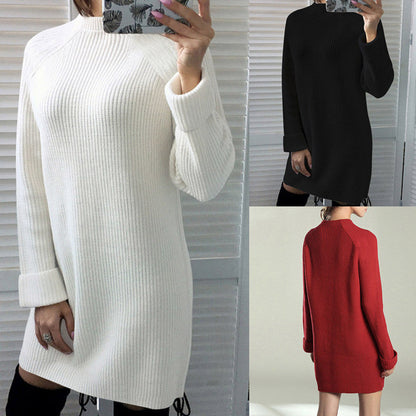 jinran 2022 Autumn Winter New Elegant Fashion Turtleneck Long Sleeve Women&#39;s Mini Dress Casual Loose Solid Ladies Knit Dresses