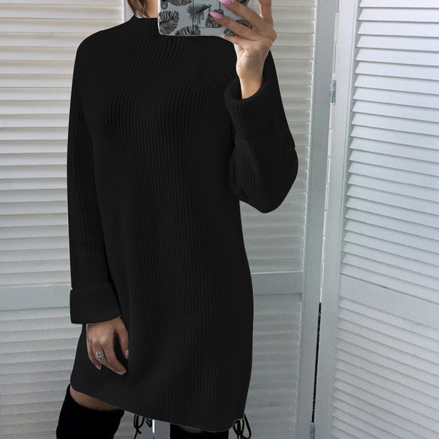 jinran 2022 Autumn Winter New Elegant Fashion Turtleneck Long Sleeve Women&#39;s Mini Dress Casual Loose Solid Ladies Knit Dresses