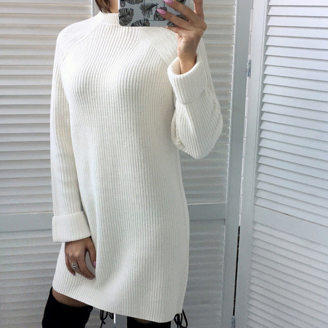 jinran 2022 Autumn Winter New Elegant Fashion Turtleneck Long Sleeve Women&#39;s Mini Dress Casual Loose Solid Ladies Knit Dresses