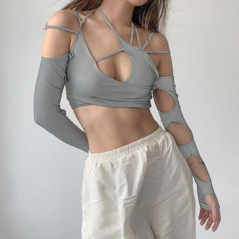 jinran T Shirt Women Y2k Punk Women&#39;s Halter Tops Gothic Grey Girl Patchwork Long Sleeve Crop Tops Summer Sexy Cut Out Solid T-shirts