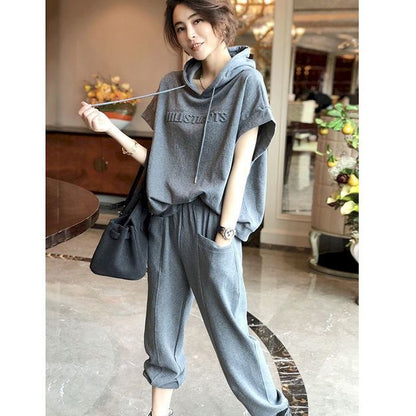 jinran Women&#39;s Suits Oversized Hooded T-shirt Casual Sports Short Sleeve Tshirt Elastic Trousers Two Piece Sets 2022 Spring Summer New