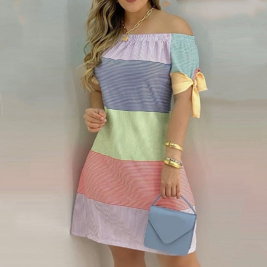 jinran Women Off Shoulder Summer Mini Dress Sexy Short Sleeve Bow Tie Striped Plaid Floral Print A Line Party Short Dresses Vestidos
