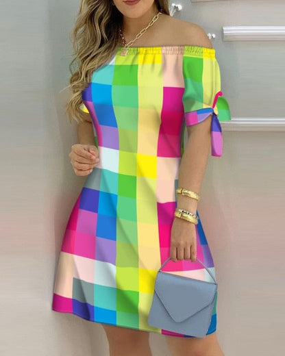 jinran Women Off Shoulder Summer Mini Dress Sexy Short Sleeve Bow Tie Striped Plaid Floral Print A Line Party Short Dresses Vestidos