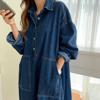 jinran Women&#39;s Spring Autumn Casual Denim Shirt Dress Lady Long Sleeve Midi Jeans Vestidos Female Fashion Loose Outerwear Clothings