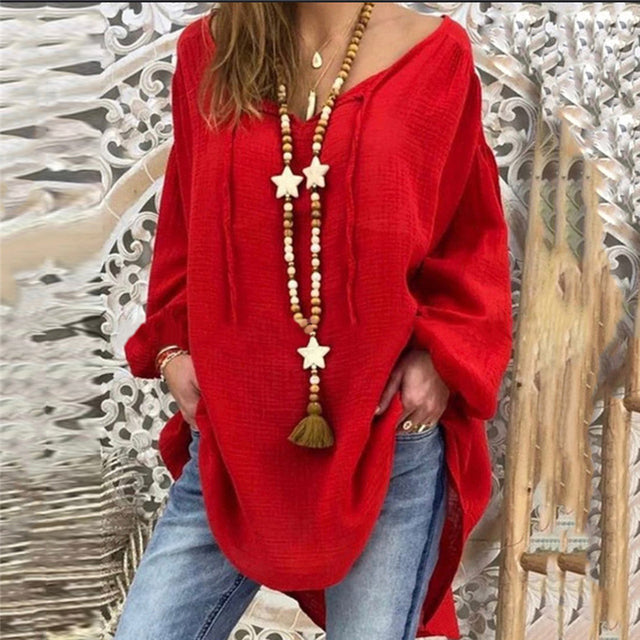 jinran New Women Sexy V Neck Loose Cotton Blouse Shirt Autumn Winter Long Sleeve Yellow Red Blouses Tops Plus Size 5XL