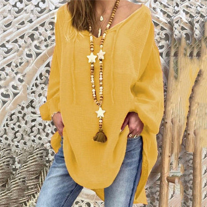 jinran New Women Sexy V Neck Loose Cotton Blouse Shirt Autumn Winter Long Sleeve Yellow Red Blouses Tops Plus Size 5XL