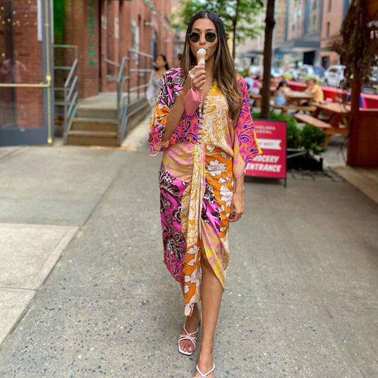 jinran Women Vintage Printed Waist Elastic Front Slit Midi Dress Female Beading V Neck Draped Ruched Robe Ladies Kimono Dresses