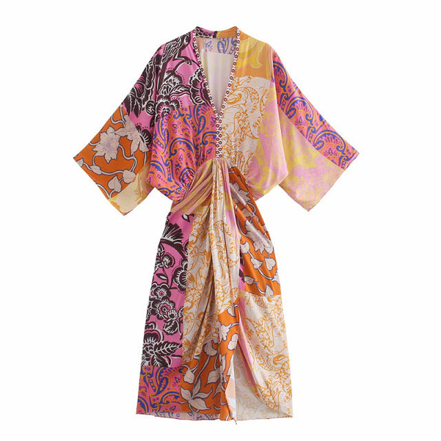 jinran Women Vintage Printed Waist Elastic Front Slit Midi Dress Female Beading V Neck Draped Ruched Robe Ladies Kimono Dresses