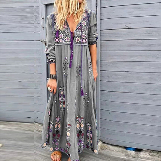 jinran Women&#39;s Long Sleeve Bohemian Maxi Dresses Summer Ruffle Vintage Elegant Retro Boho Floral Large Size V-Neck Dress Vestidos Mid