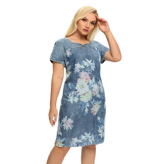 jinran Women&#39;s Plus Size Denim Dress Summer Slim Fit Dress Casual Dress Printed Woven Denim Short Sleeve Knee-Length