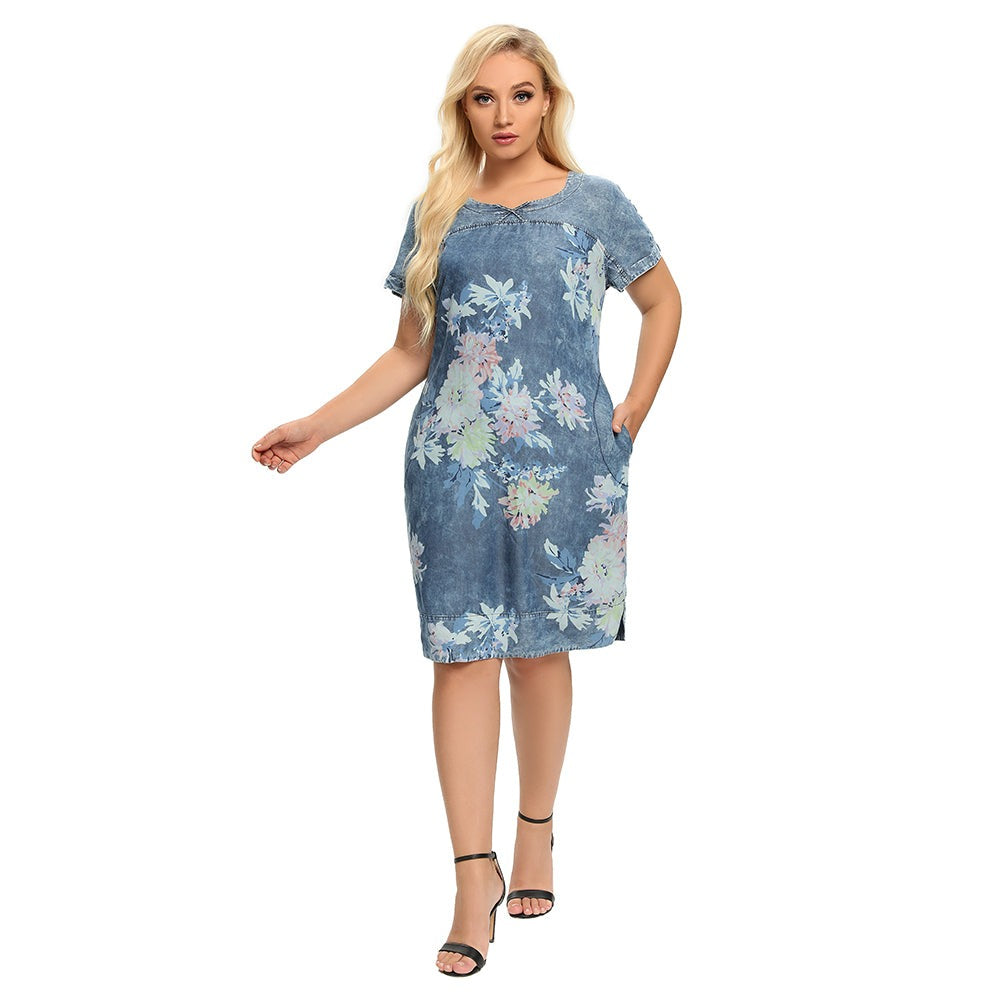 jinran Women&#39;s Plus Size Denim Dress Summer Slim Fit Dress Casual Dress Printed Woven Denim Short Sleeve Knee-Length
