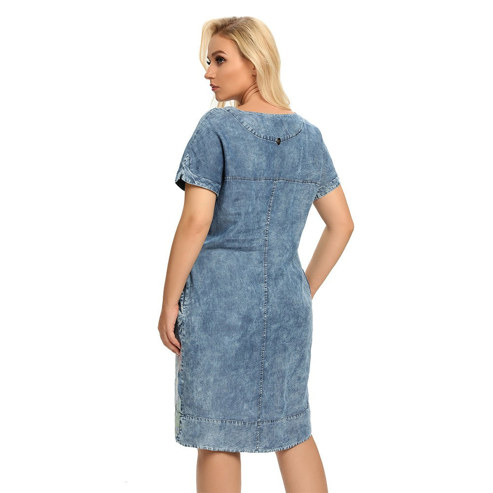 jinran Women&#39;s Plus Size Denim Dress Summer Slim Fit Dress Casual Dress Printed Woven Denim Short Sleeve Knee-Length