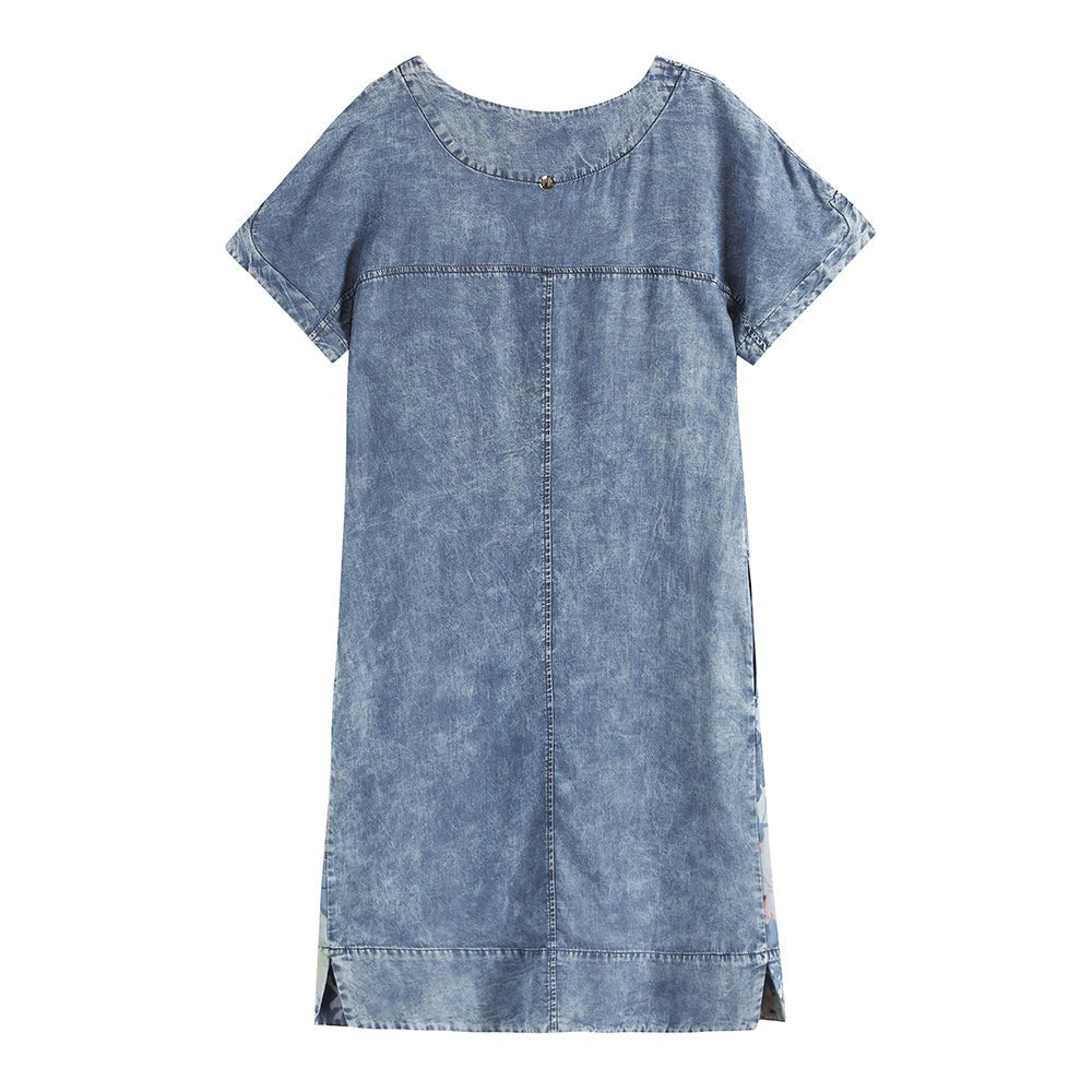 jinran Women&#39;s Plus Size Denim Dress Summer Slim Fit Dress Casual Dress Printed Woven Denim Short Sleeve Knee-Length