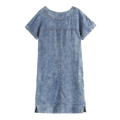 jinran Women&#39;s Plus Size Denim Dress Summer Slim Fit Dress Casual Dress Printed Woven Denim Short Sleeve Knee-Length