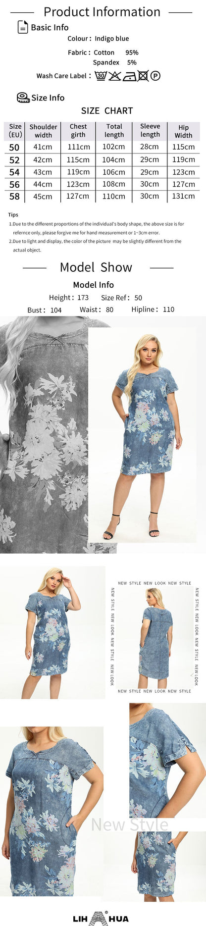 jinran Women&#39;s Plus Size Denim Dress Summer Slim Fit Dress Casual Dress Printed Woven Denim Short Sleeve Knee-Length
