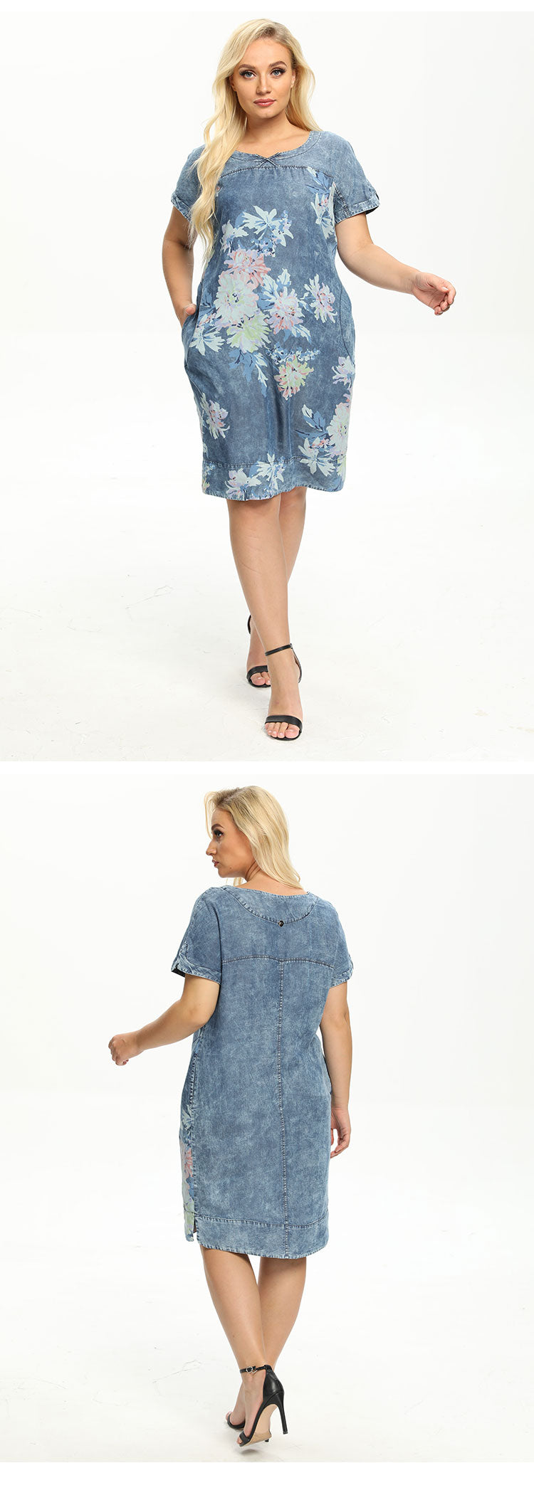 jinran Women&#39;s Plus Size Denim Dress Summer Slim Fit Dress Casual Dress Printed Woven Denim Short Sleeve Knee-Length