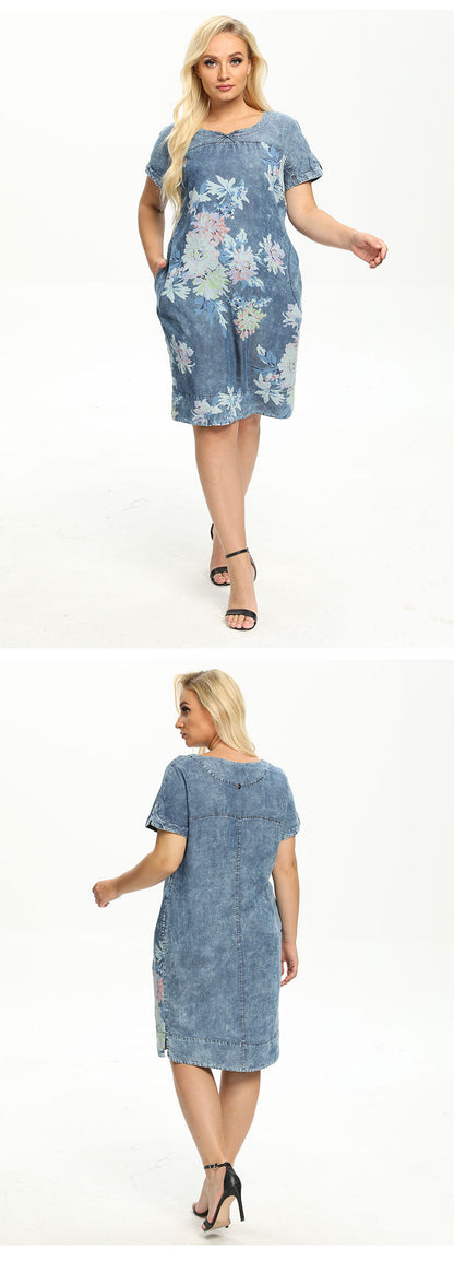 jinran Women&#39;s Plus Size Denim Dress Summer Slim Fit Dress Casual Dress Printed Woven Denim Short Sleeve Knee-Length