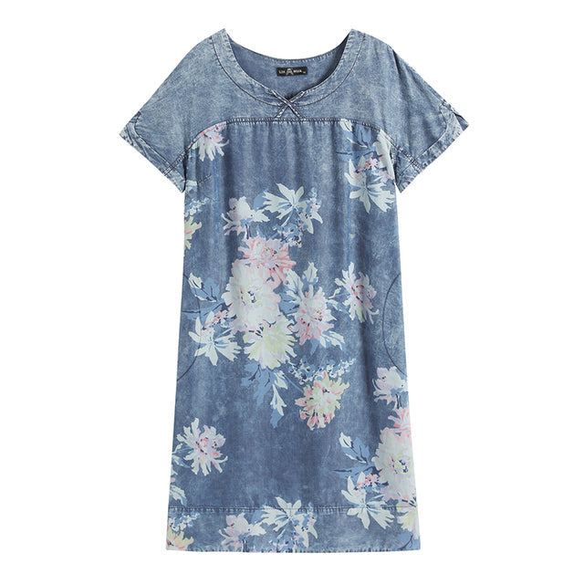 jinran Women&#39;s Plus Size Denim Dress Summer Slim Fit Dress Casual Dress Printed Woven Denim Short Sleeve Knee-Length