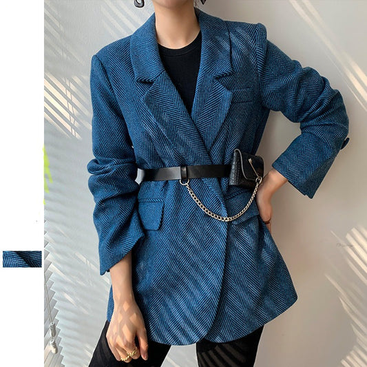 jinran New Woolen Coat Women Elegant Thick Blue Suit Blazer Jacket 2022 Autumn Winter Office Lady Outwear Female Fashion