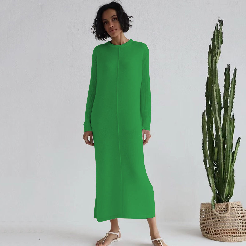 jinran Free Shipping Casual Midi Knit Dress Women&#39;s O-neck Long Sleeve Split Straight Dress 2022 New Autumn Pure Color Knit Vestidos