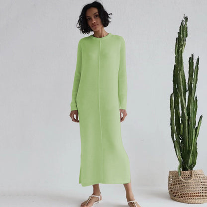 jinran Free Shipping Casual Midi Knit Dress Women&#39;s O-neck Long Sleeve Split Straight Dress 2022 New Autumn Pure Color Knit Vestidos