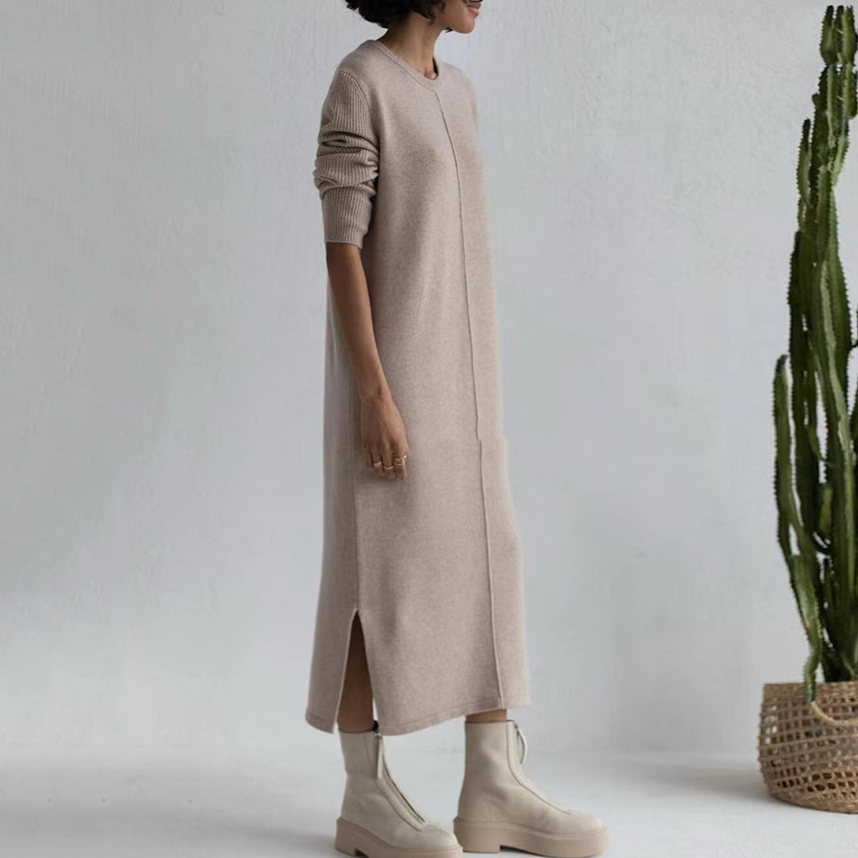 jinran Free Shipping Casual Midi Knit Dress Women&#39;s O-neck Long Sleeve Split Straight Dress 2022 New Autumn Pure Color Knit Vestidos