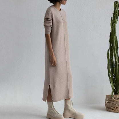 jinran Free Shipping Casual Midi Knit Dress Women&#39;s O-neck Long Sleeve Split Straight Dress 2022 New Autumn Pure Color Knit Vestidos