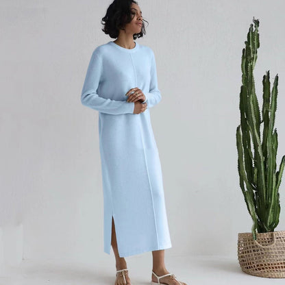 jinran Free Shipping Casual Midi Knit Dress Women&#39;s O-neck Long Sleeve Split Straight Dress 2022 New Autumn Pure Color Knit Vestidos