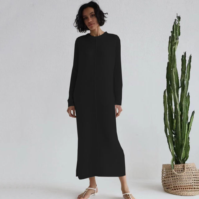 jinran Free Shipping Casual Midi Knit Dress Women&#39;s O-neck Long Sleeve Split Straight Dress 2022 New Autumn Pure Color Knit Vestidos