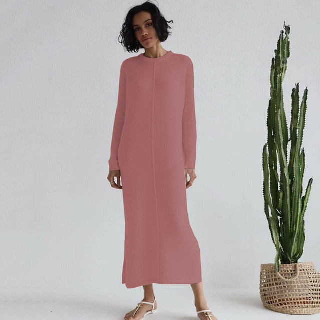 jinran Free Shipping Casual Midi Knit Dress Women&#39;s O-neck Long Sleeve Split Straight Dress 2022 New Autumn Pure Color Knit Vestidos