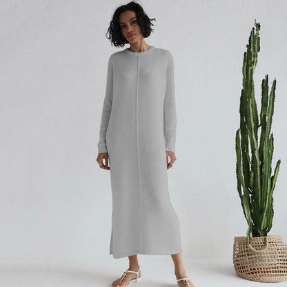 jinran Free Shipping Casual Midi Knit Dress Women&#39;s O-neck Long Sleeve Split Straight Dress 2022 New Autumn Pure Color Knit Vestidos