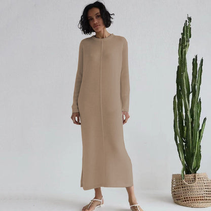 jinran Free Shipping Casual Midi Knit Dress Women&#39;s O-neck Long Sleeve Split Straight Dress 2022 New Autumn Pure Color Knit Vestidos