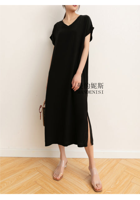 jinran Women&#39;s 100% Mulberry Silk Crepe Silk V neck Short Sleeve Side Slit Long Dress L XL M112