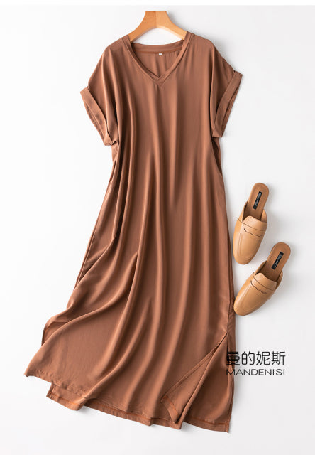 jinran Women&#39;s 100% Mulberry Silk Crepe Silk V neck Short Sleeve Side Slit Long Dress L XL M112