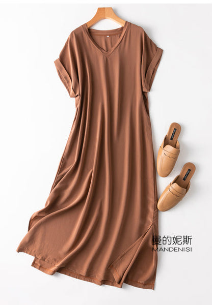 jinran Women&#39;s 100% Mulberry Silk Crepe Silk V neck Short Sleeve Side Slit Long Dress L XL M112