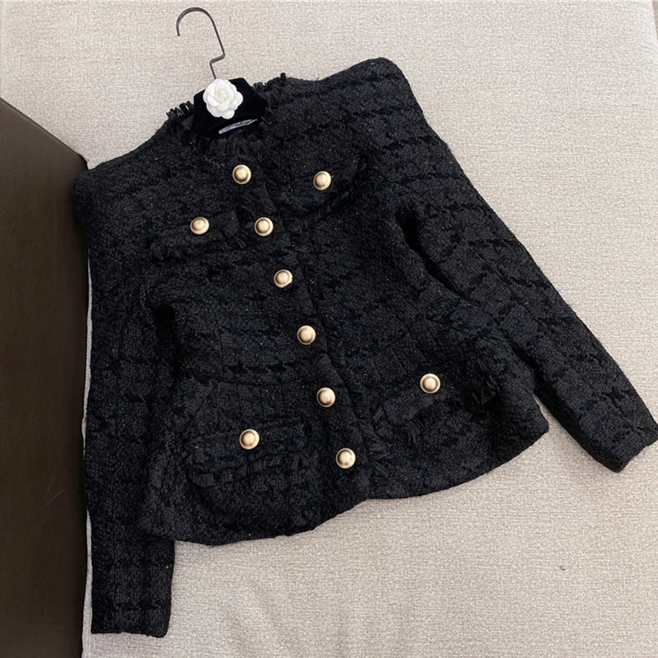 jinran High Quality 2022 Spring New Tweed 2 Two-Piece Set Sexy O-Neck Long Sleeve Single Breasted Jacket And Pants Club Party Set