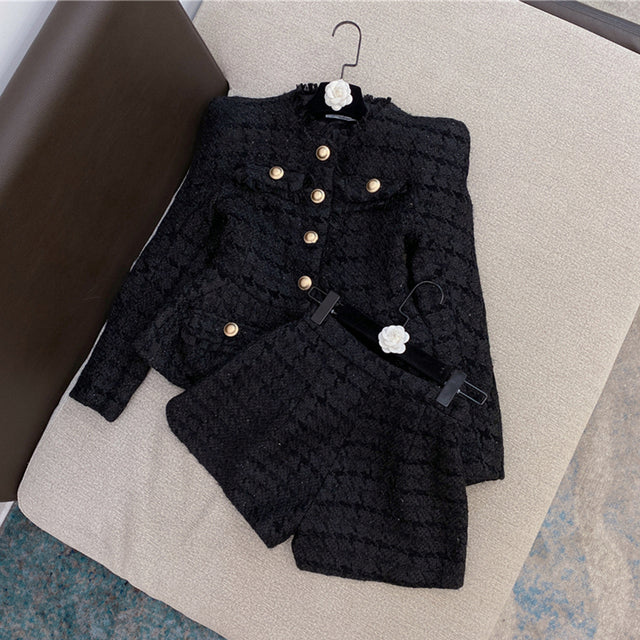 jinran High Quality 2022 Spring New Tweed 2 Two-Piece Set Sexy O-Neck Long Sleeve Single Breasted Jacket And Pants Club Party Set